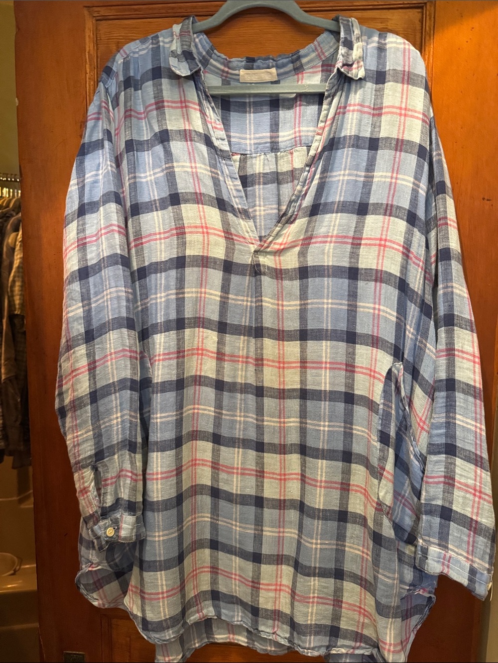CP Shades Light Blue Plaid Tunic with Pink Stripe Detail